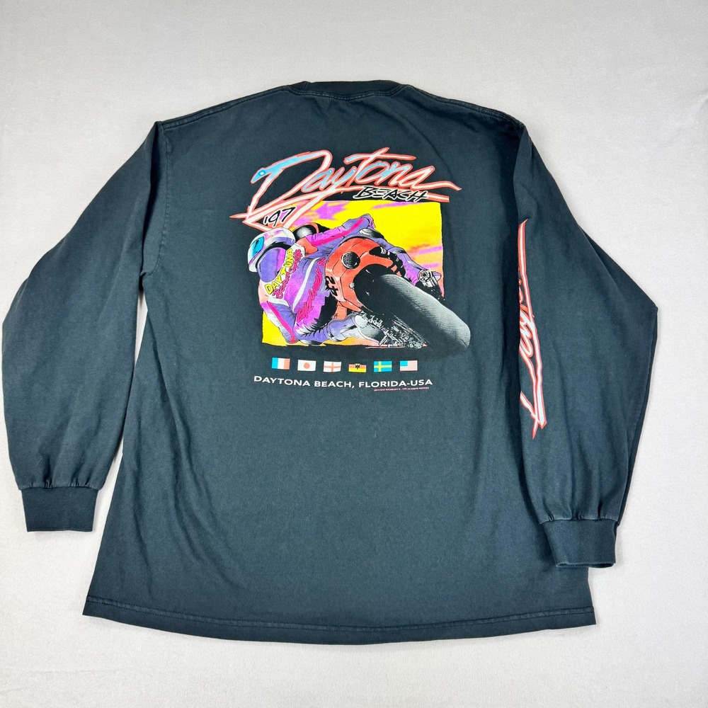 J Galt Daytona Beach 97 Motorcycle Graphic Long Sleeve Shirt Black Mens L XL Vtg